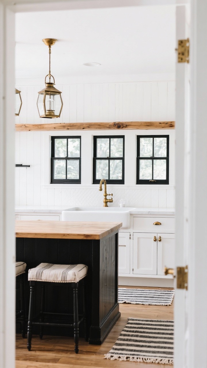 Wide shot from the doorway: High-contrast farmhouse chic kitchen with white shaker cabinets and an ink-black island; matching black window grids framing a trio of divided-light windows above a classic farmhouse sink; vertical shiplap backsplash painted satin white, topped with a continuous thick natural oak shelf; aged brass lantern pendants over the island; unlacquered brass cup pulls; textiles include a black-and-ivory striped runner and linen seat cushions; crisp white, black, natural oak, and soft brass palette; bright, clean contrast, photorealistic.