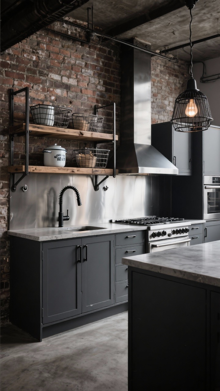 Wide shot, industrial loft kitchen: matte charcoal cabinets with black hardware; concrete-look epoxy countertop; open metal shelving with reclaimed wood planks holding enamelware and wire baskets; brick wall backdrop (exposed or veneer); stainless steel sheet backsplash behind the range; bold caged pendant lights; commercial-style matte black spring faucet; oversized wall hooks; moody, urban grit with directional lighting, photorealistic, no people.