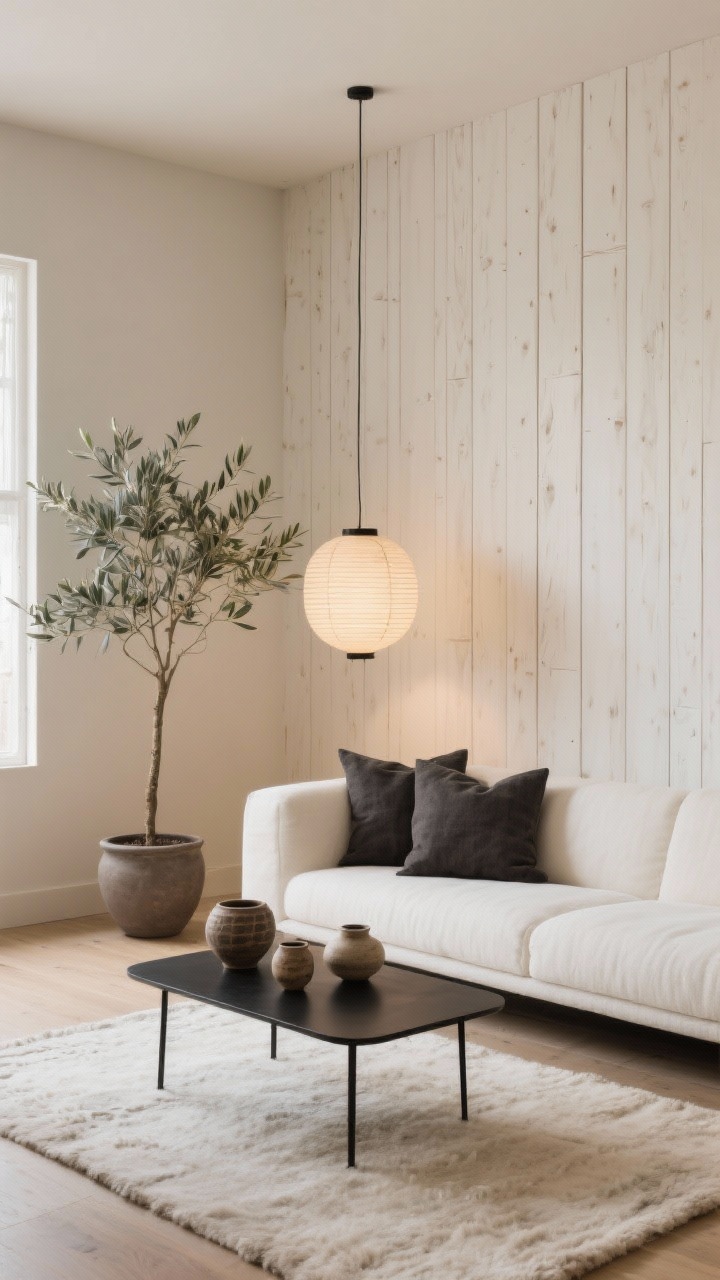 Wide shot, Japandi living room: floor-to-ceiling vertical white-oak slat wall wrapping around a corner behind a low-profile bone-white sofa; palette of mushroom beige walls, bone-white sofa, charcoal linen throw pillows; pale wool rug under a slim black metal coffee table; paper lantern pendant casting warm ambient glow; tall olive tree in a matte pot beside the sofa; a few handmade ceramics on the table; clean lines, calm atmosphere, natural daylight, photorealistic, no people.