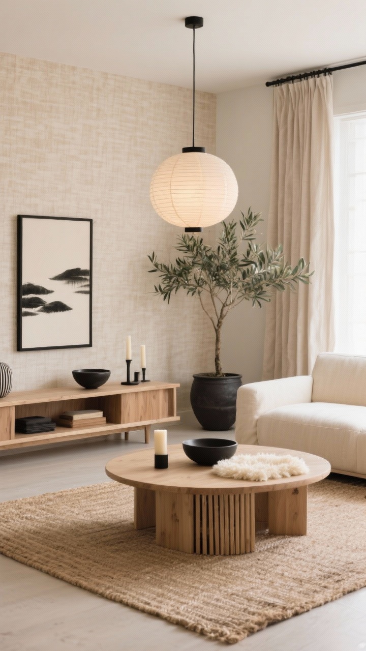Wide shot — Japandi Serenity Living Room: A calm, minimalist living room with warm oat removable textured linen-look wallpaper, a low-profile cream linen sofa, a light wood coffee table with rounded corners, layered rugs (flatweave jute base with a small cream shag accent on top), slatted wood media console, nesting tables, oversized zen art in black frames, ceramic bowls and ribbed candles on the table, matte black accents, a plug-in paper lantern pendant overhead, a tall olive tree in a matte planter in the corner, linen curtain panels hung high on tension rods to elongate the ceiling; soft natural daylight and spa-like serene mood.