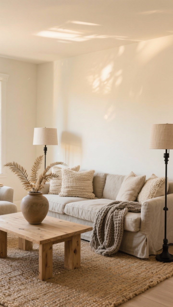 Wide shot, living room at golden-hour ambiance: warm white creamy walls, stone-colored slipcovered sofa with layered oatmeal linen throw pillows and nubby boucle pillows, chunky knit throw in mushroom gray draped casually; light oak coffee table on a jute rug; two matte black floor lamps with linen shades casting soft ambient glow; oversized ceramic vase with dried bleached ferns on the coffee table; calm, cozy neutral palette; no seasonal motifs; photorealistic, straight-on view.
