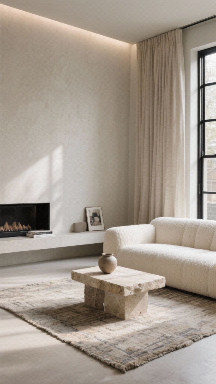 Wide shot, living room in soft minimalism: greige plaster walls glowing in afternoon light, slim matte black steel window frames, a low-profile cream bouclé sofa anchoring the space, chunky travertine block coffee table on a plush hand-knotted rug, discreet linear fireplace under a shallow ledge styled with a couple of art books and a single ceramic vessel; oversized oatmeal linen drapes, hidden cove lighting, no visible clutter; palette of greige, oatmeal, with charcoal accents; photorealistic, serene, refined.