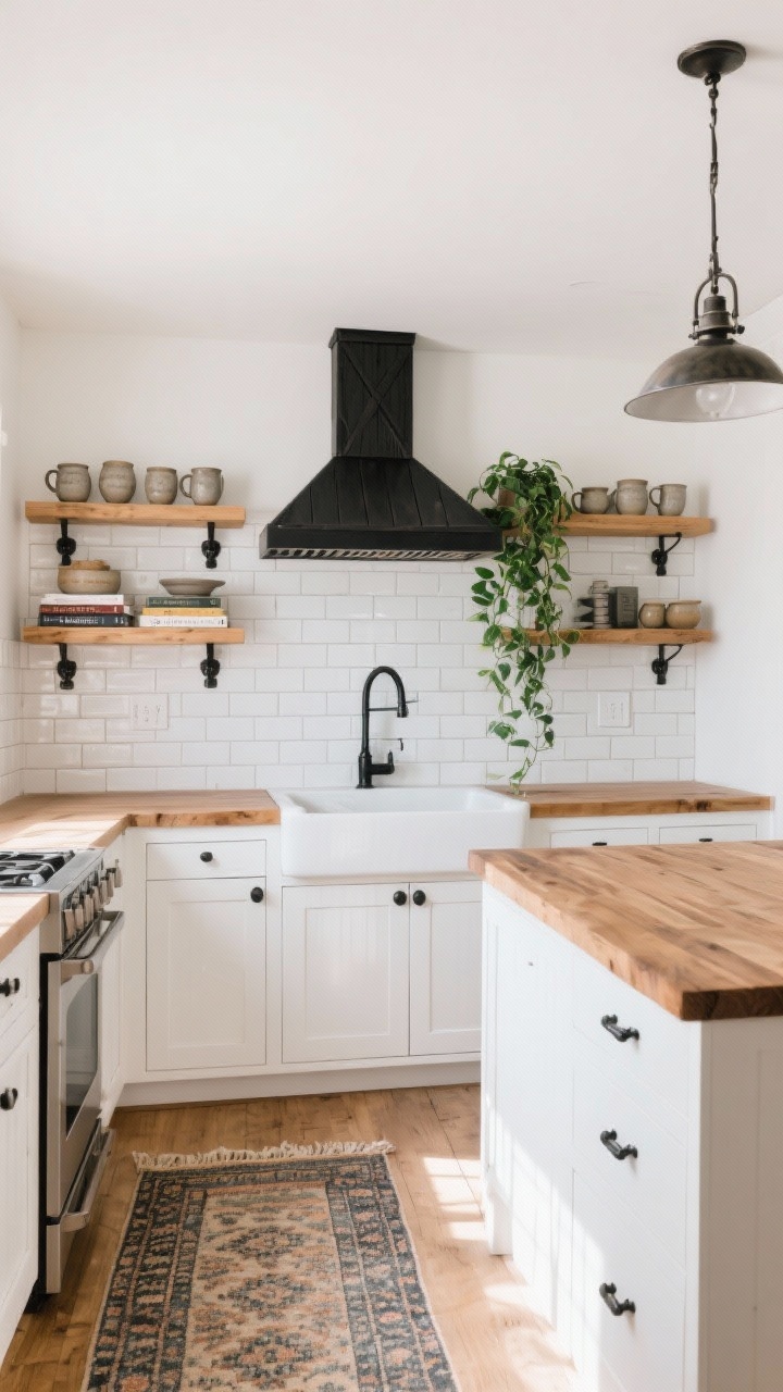 Wide shot, modern farmhouse kitchen: creamy white shaker cabinets with matte black hardware; warm butcher-block countertops; classic white subway tile backsplash with gray grout; open natural oak shelves styled with stoneware mugs, stacked cookbooks, and a trailing pothos; black barn-style sconces over the sink and a metal pendant over the island; soft whites, warm woods, and black accents; vintage rug runner on the floor; bright natural daylight for a cozy, polished feel, photorealistic, no people.