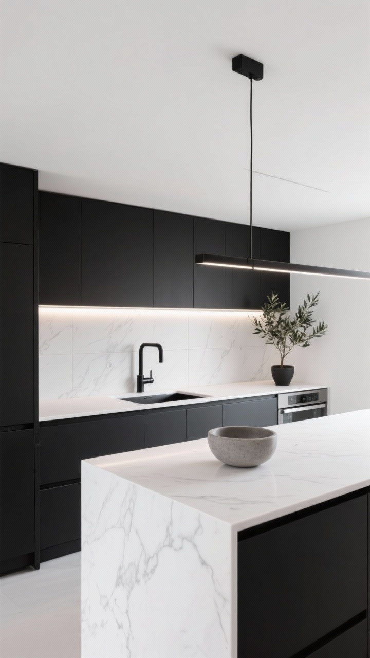 Wide shot, modern minimalist kitchen: bright white quartz countertops with subtle gray veining and a matching low quartz upstand; matte black slab cabinets with integrated pulls; large-format porcelain tile backsplash with near-invisible grout lines; slim black linear pendant centered over the island, soft under-cabinet LED glow; minimalist black faucet over a single-basin undermount sink; styling limited to a single concrete bowl on the island, an olive tree in a matte planter in the corner, and all appliances hidden. Photorealistic, clean lines, uncluttered, high contrast.