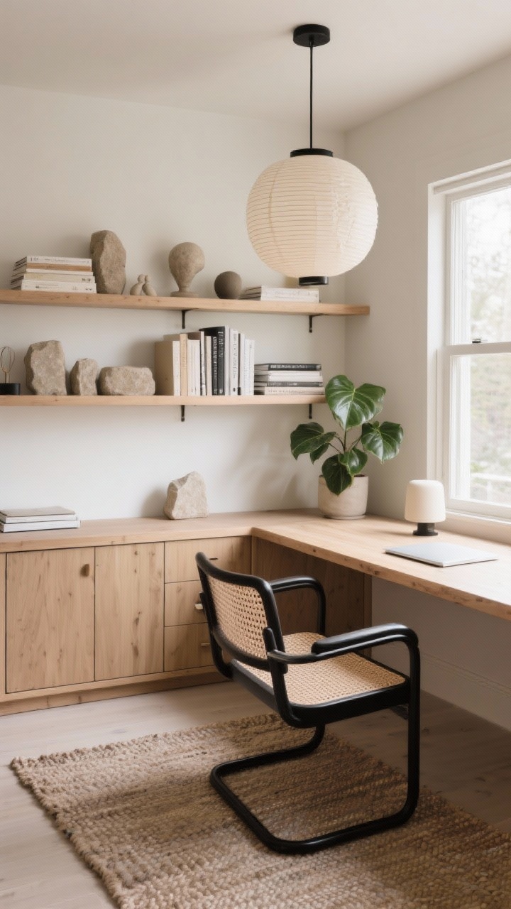 Wide shot of a cozy work-from-home studio with a light ash desk featuring rounded corners, a cane-back chair upholstered in flax linen, a built-in shelving wall in matching ash with closed storage below, shelves styled with stacked neutral books, stone bookends, and small sculptures, a flatweave rug anchoring the zone, a paper lantern pendant for soft diffuse overhead light, a potted rubber plant near the desk, and a petite matte bone desk lamp; palette ash, flax, bone, soft black accents; daytime natural light; photorealistic.