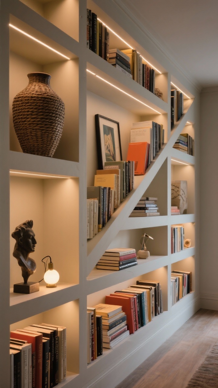Wide shot of a full built-in shelving wall demonstrating zigzag balance: heavy items (a large vase, a substantial basket, a hefty sculpture) placed diagonally from top left to lower right; accent color echoed every other shelf through book spines and a small art piece; rhythm created by alternating vertical book rows with horizontal stacks; a tiny clip-on light and a puck light subtly illuminating select shelves to warm textures; neutral anchors with repeated accent hues; evening ambient lighting plus the warm shelf lights.