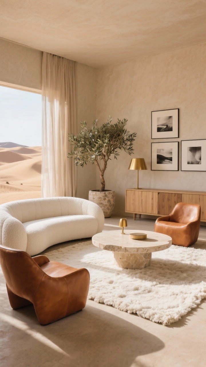 Wide shot of a sand-dune inspired living room bathed in afternoon sunlight, walls in warm oat beige with a hint of clay, a curved low-profile boucle sofa in ivory, two sculptural caramel leather armchairs, a chunky ivory wool rug, a softly rounded travertine coffee table styled minimally, sheer flax linen curtains filtering light, a burnished brass floor lamp, a large olive tree in a textured stone planter, and a minimal gallery wall of oversized monochrome prints; include a light oak hidden-storage credenza; palette oat, ivory, caramel, burnished brass; photorealistic, calm desert mood.