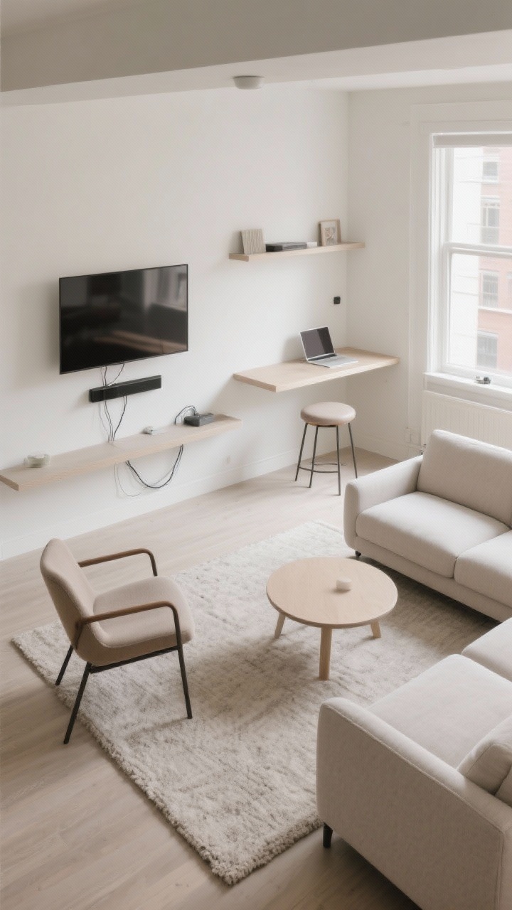 Wide shot of a small living room arranged in three clear micro-zones: a conversation zone with a slim-arm loveseat, an armless accent chair, and a slim oval coffee table on a small neutral rug; a media zone with a wall-mounted TV above a low-profile floating shelf keeping cords tidy; and a compact work nook with a narrow floating desk and stool behind the sofa. Use light walls and natural daylight, furniture placement defining zones (no partitions), clean surfaces, and a calm, organized mood.