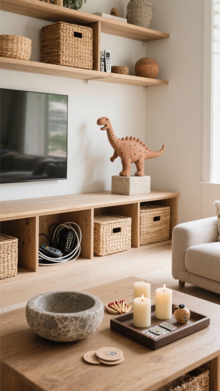 Wide shot of an entire living room shelving unit mixing decor and function: woven and lidded boxes concealing remotes and cords, a low stone catch-all bowl with coasters and matches, and a rectangular tray corralling a trio of candles and a small object. Include one sentimental, kid-made clay dinosaur elevated on a tiny pedestal so it reads as art. Balanced, practical, and tidy. Warm, diffused daylight with a lived-in yet curated mood.