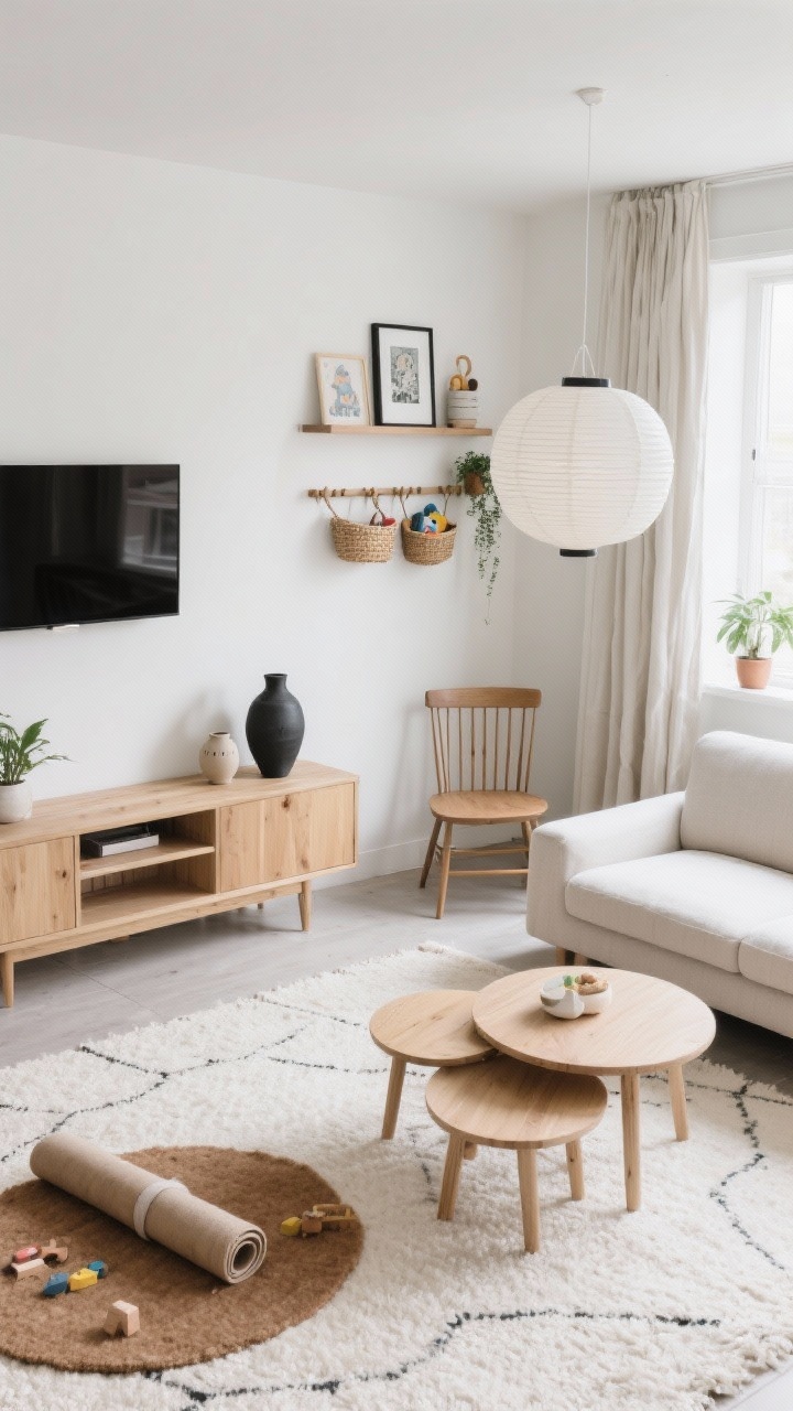 Wide shot, overhead angle: Scandinavian minimal living room with a light oak media unit, cream textured rug, compact slimline sectional on elevated legs, nesting coffee tables, spindle-back accent chair. Peg rails and floating shelves holding framed art and baskets for kid gear, plants for life. Tight palette of white, oat, light oak, and black accents, linen curtains, stoneware vases, oversized paper lantern pendant. A felt play mat partially rolled and tucked near the sofa. Soft diffuse daylight.