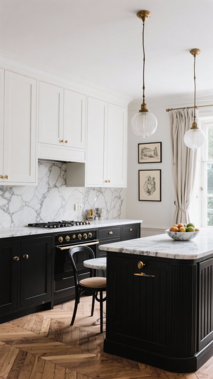 Wide shot, Parisian black-and-white classic kitchen: high-contrast black lower cabinets and bright white upper cabinets, statuary marble slab backsplash running to the ceiling, slim shaker doors, integrated range hood, slim island with fluted detailing and a honed marble top, aged brass hardware, twin milk-glass globe pendants, herringbone oak flooring, petite bistro table under a window with linen café curtains, framed vintage sketches on the wall, marble fruit bowl on the island; soft morning natural light, crisp and elegant mood.