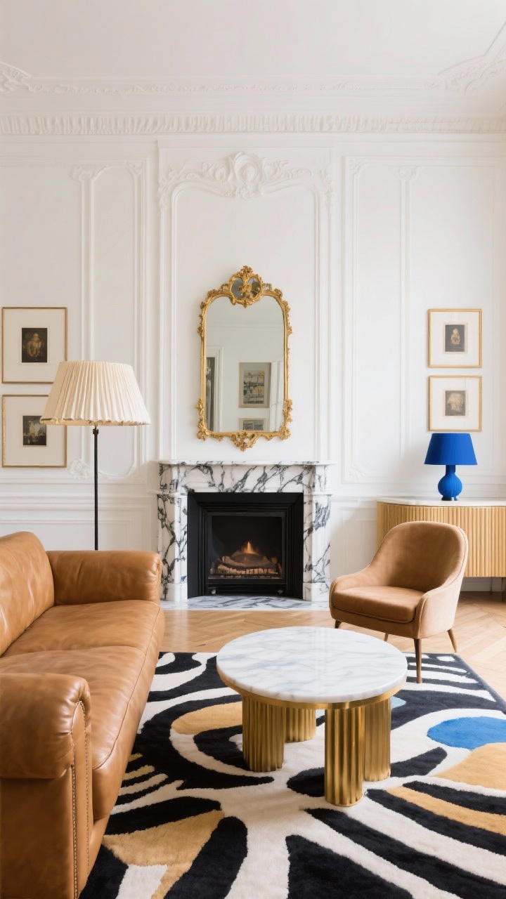 Wide shot, Parisian Classic With a Twist: warm white walls enhanced with picture-frame molding; camel leather sofa and a curved accent chair around a round coffee table; black-and-white marble fireplace surround as focal point with a gilded mirror above; slim-legged furniture and a fluted sideboard; a cobalt blue lamp and a graphic rug providing the playful pop of color; cream, camel, black, brass palette with one bright accent; pleated lampshades and a tasteful gallery wall; photorealistic, straight-on architectural view highlighting the molding.