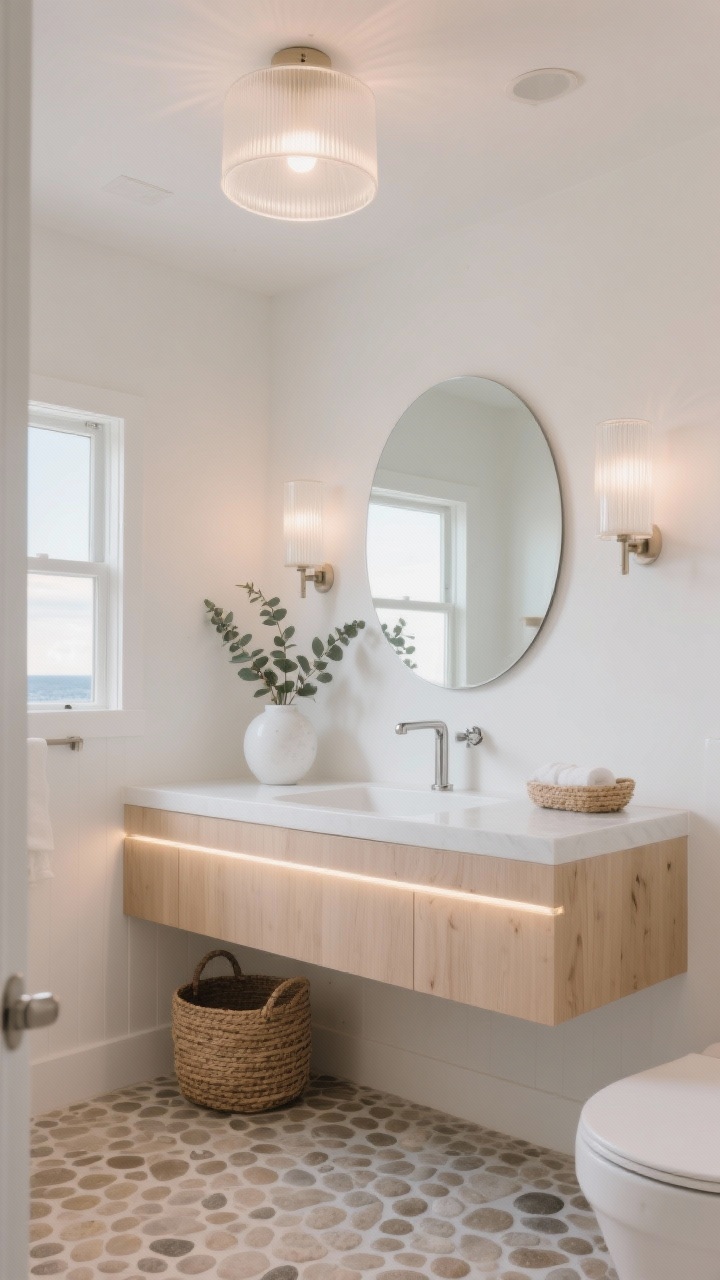 Wide shot, photorealistic: A coastal spa-inspired bathroom bathed in soft, even light, with matte white walls, a pale oak floating vanity, and soft taupe pebble-textured floor tile. Lighting layers include a frosted glass drum flush-mount overhead, milk-glass cylindrical sconces flanking a rounded mirror, and a slim LED strip under the vanity creating a floating effect. Brushed nickel hardware, woven baskets, and eucalyptus in a white ceramic vase complete the white-and-sand palette. Dim, sunset-soft ambiance with no harsh shadows, straight-on view.