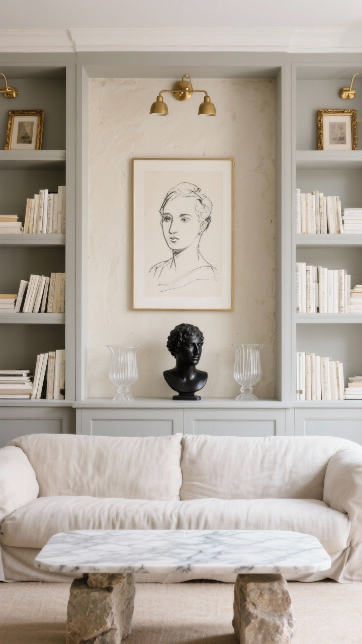 Wide shot, photorealistic: A Parisian-neutral living room with tall greige built-in shelves against a creamy plaster wall, linen slouchy sofa, marble-topped coffee table echoing stone bookends. Shelves styled with antique brass frames, stacked cream hardcovers with dust jackets removed, a single matte black bust, and a pair of fluted glass vases. Brass picture lights mounted above the shelves, tight palette of ivory, black, and brass. A large charcoal sketch centered at eye level grounds the arrangement. Soft natural daylight, subtle texture emphasis, no people.