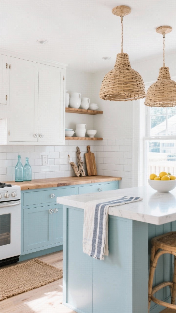 Wide shot, photorealistic coastal kitchen: soft powder-blue lower cabinets, bright white upper cabinets, Swiss coffee white walls, brushed nickel hardware with clear glass cabinet knobs, peel-and-stick white subway tile backsplash with light gray grout, butcher block counters, open shelves holding white ceramics and pale-blue glass bottles, a natural jute runner on light wood floors, woven rattan pendants over a white island, decor including driftwood cutting boards, a bowl of lemons, and a striped tea towel; airy daylight streaming in, calm beachy mood.
