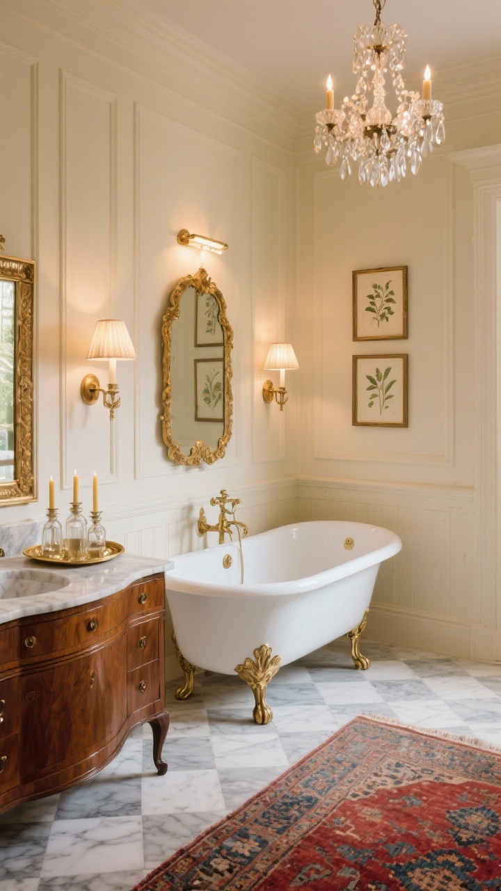 Wide shot, photorealistic: Old-world elegant bathroom with creamy paneled walls, a vintage walnut vanity with marble top, and a clawfoot tub centered beneath a petite crystal chandelier casting warm sparkles. Candle-style sconces with silk shades flank a gilded mirror, while a tiny picture light highlights framed botanical prints. Checkerboard marble floor in soft white and dove grey, polished brass finishes, and an antique rug in warm reds and faded blues. A brass tray with glass apothecary jars and taper candles sits on the vanity; lighting is warm, romantic, and theatrical.