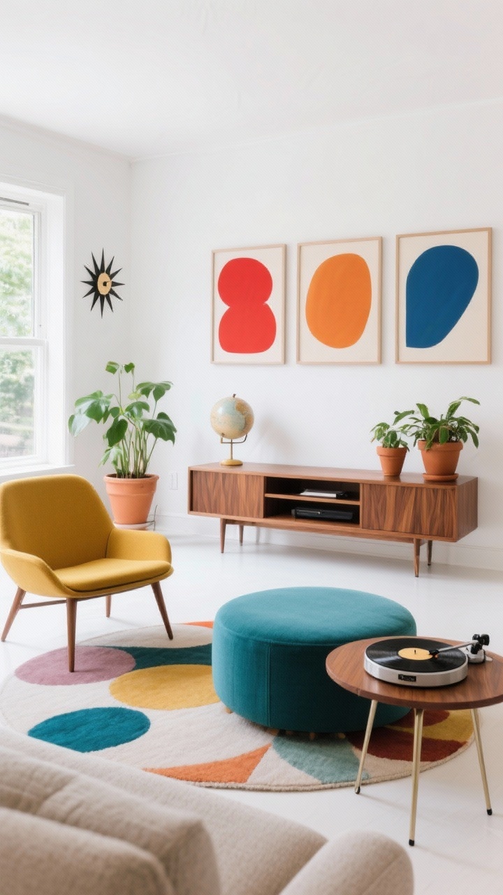 Wide shot, Retro Mid-Century Pop living area: crisp white walls, tapered-leg walnut sofa, mustard swivel chair, teal ottoman, geometric rug with rounded shapes. A starburst clock and a globe lamp signal mid-century era; streamlined media console in walnut veneer. Over the sofa hangs a triptych of abstract prints in tomato red, amber, and cobalt. Terracotta planters with leafy plants soften lines; a record player sits on a hairpin-leg stand. Bright daytime lighting, playful color pops, photorealistic.