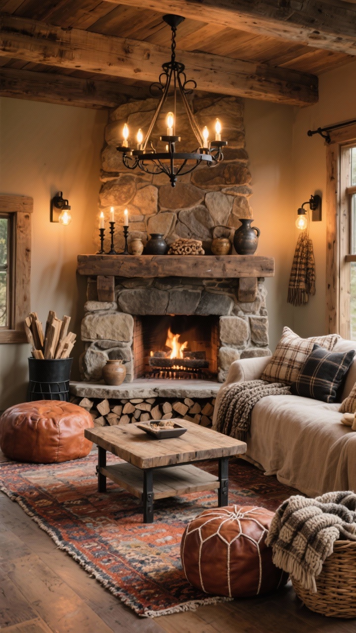 Wide shot, Rustic Hearth Retreat: A cozy living room with earthy palette in warm taupes, oatmeal, charcoal, and rusty terracotta. A chunky linen slipcovered sofa faces a stacked-stone fireplace with a rough-hewn reclaimed wood mantel displaying iron candlesticks and vintage pottery. A hand-knotted wool rug anchors a reclaimed-wood coffee table with square edges and iron legs. Warm Edison bulbs glow in black metal sconces and a wrought-iron chandelier overhead. Cable-knit throws, plaid wool pillows, leather poufs, stacked firewood in a black log holder, and a woven basket of blankets complete the scene. Photorealistic, evening golden warmth, straight-on view.