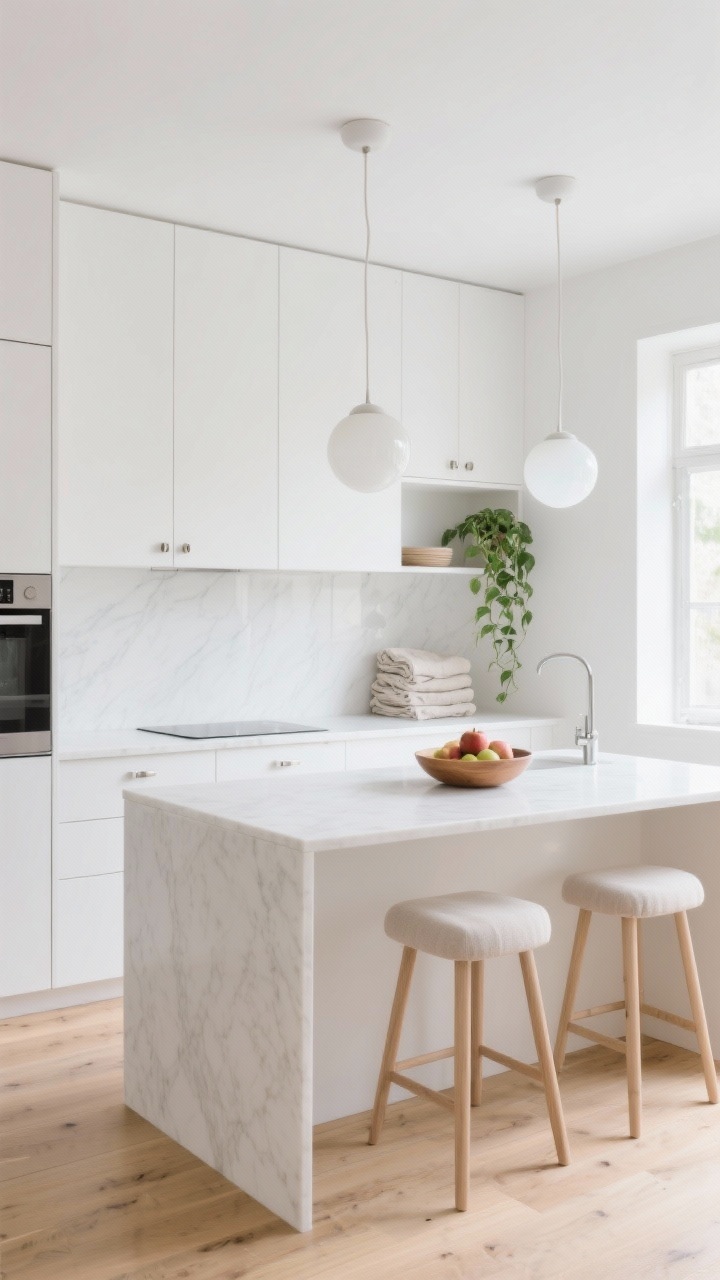 Wide shot, Scandinavian Cloud kitchen: soft matte white flat-panel cabinets and walls with low-sheen finish, seamless white quartz worktop and matching white slab backsplash, blond oak flooring, pair of opal glass globe pendants over the island, brushed nickel finger-pull hardware, pale ash counter stools with linen seats, a beech wood fruit bowl with apples, a single trailing pothos on a shelf, and a neatly folded stack of linen tea towels; bright morning natural light, calm Nordic minimalism, no glare, photorealistic.