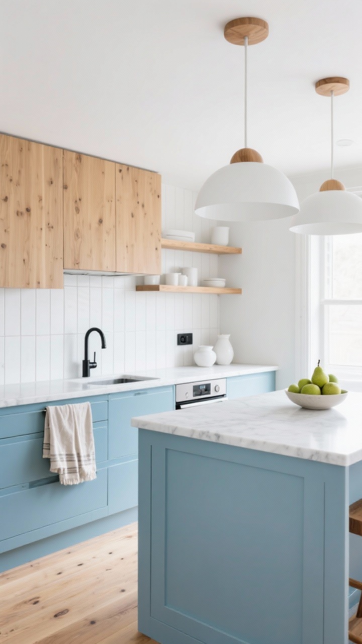 Wide shot, Scandinavian fresh kitchen: sky blue lower cabinets; warm birch uppers and open shelves; clean white quartz counters; vertical white tile backsplash with narrow grout lines; thin-framed black faucet and a single small black sconce as accents; dome-shaped white pendants with wood caps over the island; pale matte white-oak plank flooring; minimal styling with linen tea towels, simple white ceramics, and a bowl of green pears. Bright, crisp natural light, uncluttered composition, photorealistic.