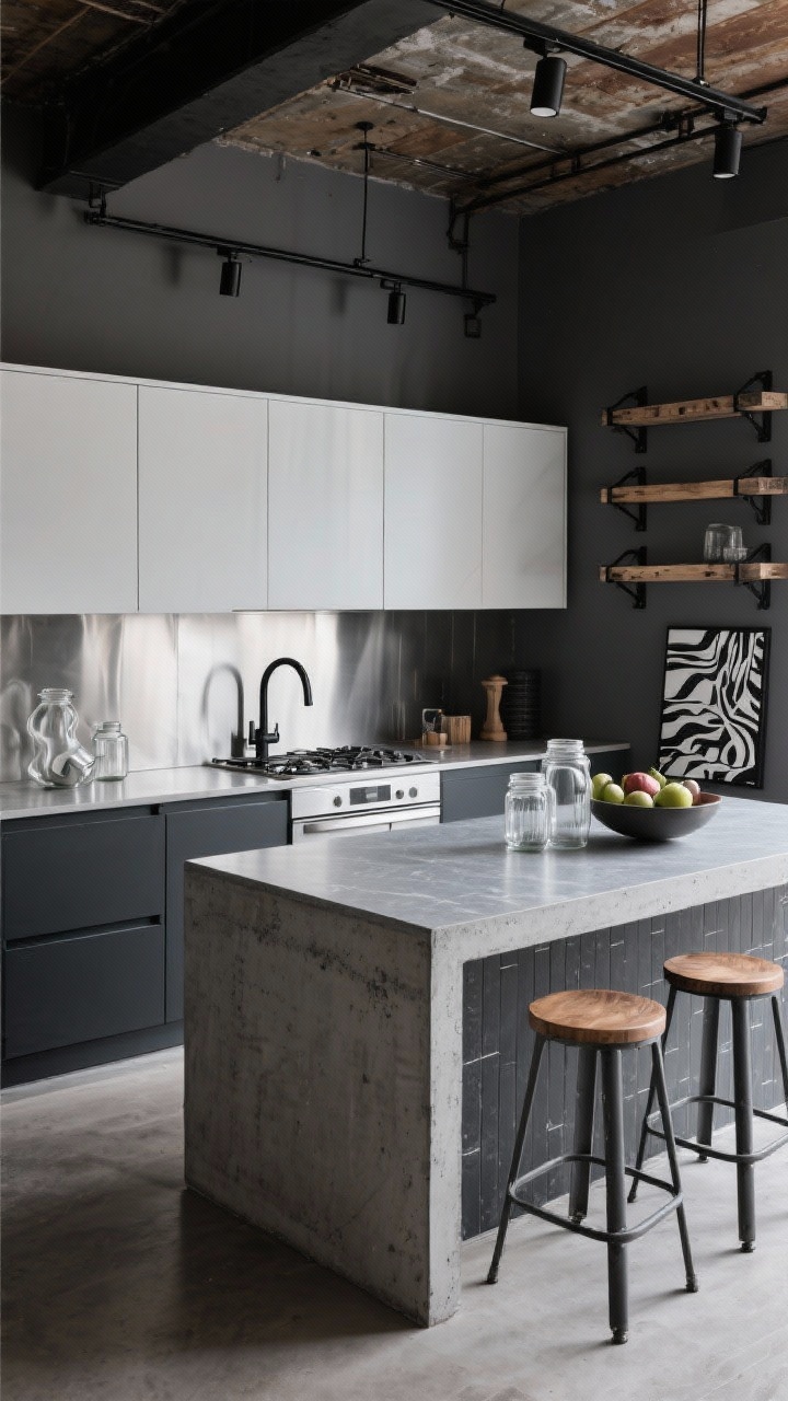 Wide shot, slight overhead corner angle: Urban loft lite kitchen with charcoal lower cabinets and flat-front white uppers; island wrapped in concrete-look peel-and-stick panels topped with gray quartz-look laminate; matte black bridge faucet; stainless steel sheet backsplash behind the stove; exposed-style black track lighting; open shelving with black brackets and reclaimed wood planks; metal bistro stools with wood seats; decor including clear glass jars, a sculptural fruit bowl, and a bold graphic print; moody, industrial ambiance, photorealistic.