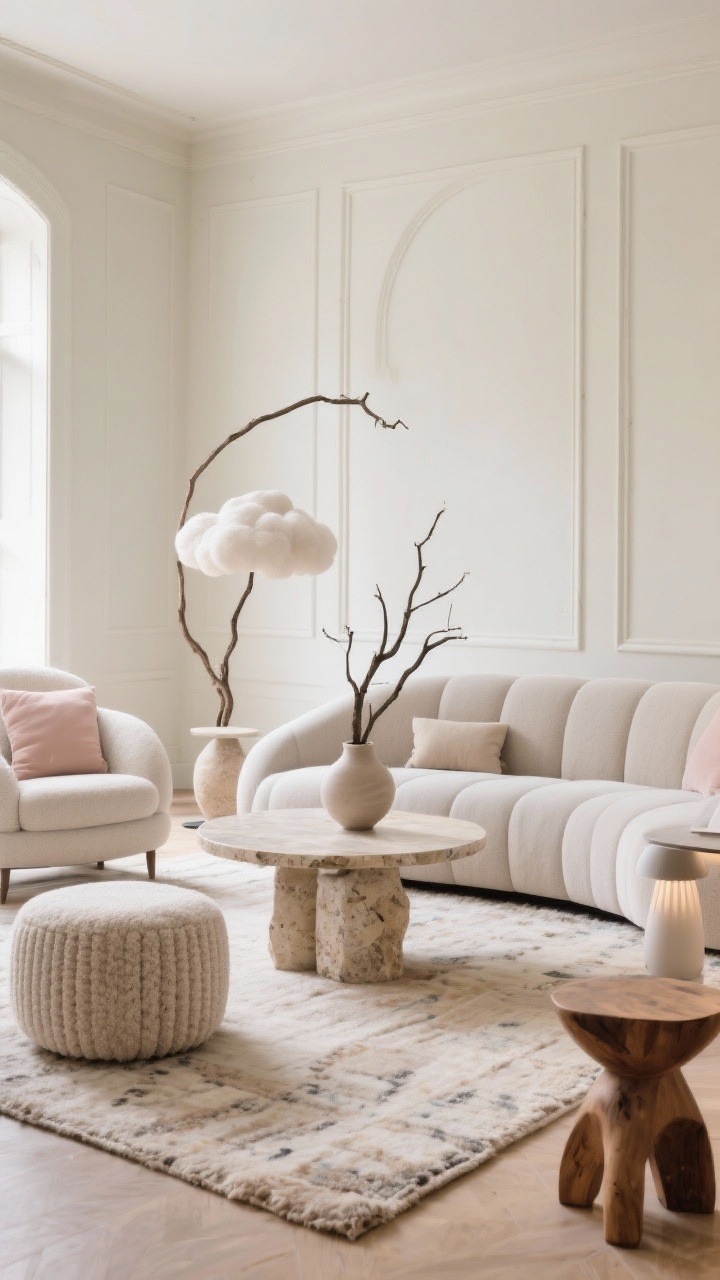 Wide shot, Soft Contemporary Neutrals living room: curvy cloud-like sofa in pale greige, round pedestal coffee table in travertine-look stone, oversized arched floor lamp unifying the scene. Light walls with subtle limewash or molded wall panels; tonal decor in sand, mushroom, blush, and stone. Textural mix: bouclé ottoman, ribbed ceramic lamps, sculptural wood stool. Large hand-knotted rug underfoot; a single dramatic organic branch in a tall vase for scale. Soft diffuse daylight, photorealistic.