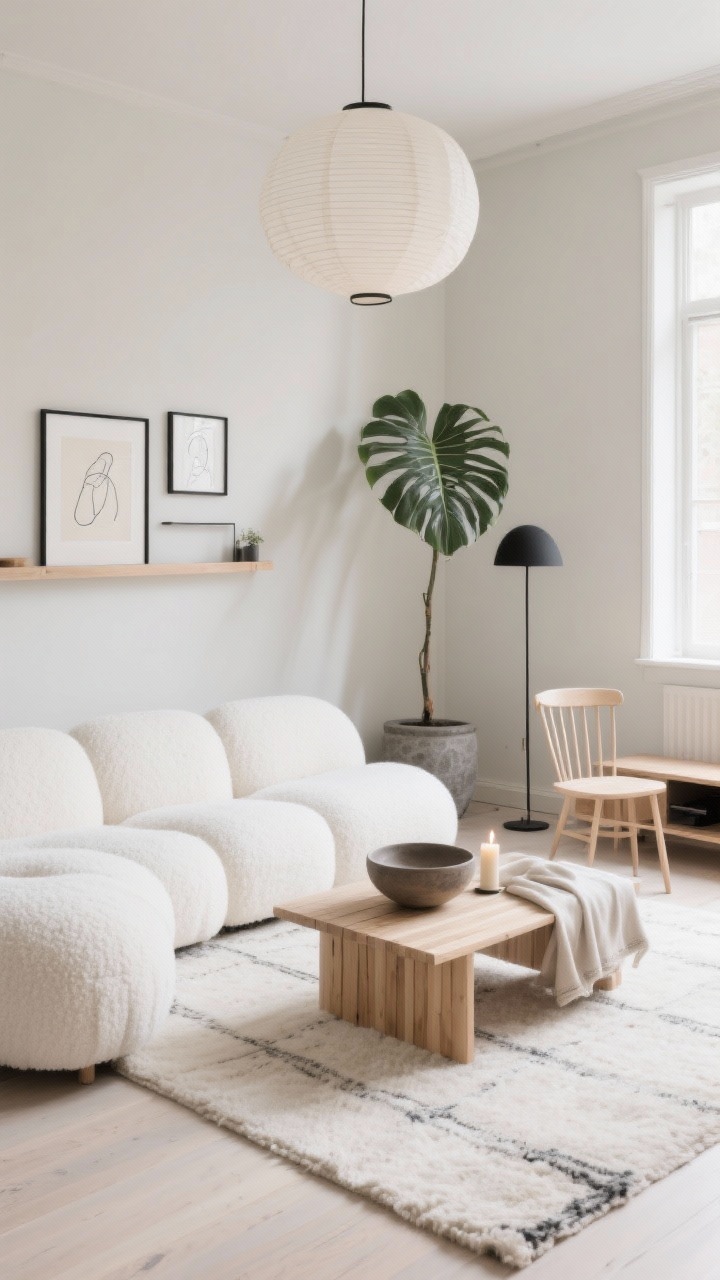 Wide shot, Soft Scandinavian Cloud: A bright, airy living room with soft greige walls, a low cloud-like modular sectional in warm white bouclé, pale oak slat coffee table, and a nubby wool rug. A simple gallery ledge displays minimal line art in thin black frames, with one tall fiddle-leaf fig in a matte stone planter. Include a paper lantern pendant overhead and a slender black floor lamp; slim media console and a spindle-back chair in pale oak. Styled minimally with an oversized ceramic bowl, a single candle, and a folded linen throw. Palette: white, greige, pale oak, soft black accents. Photorealistic, morning natural light, straight-on view.