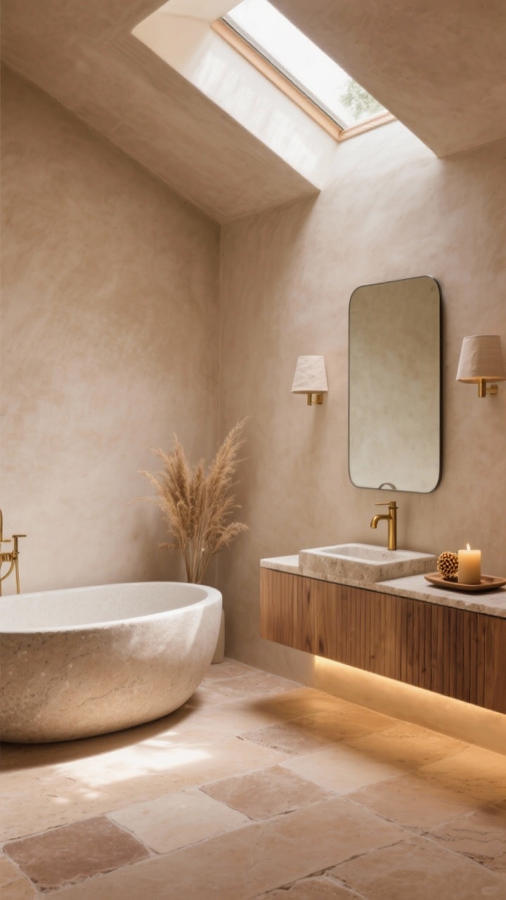 Wide shot, Soft Stone Sanctuary bathroom: sunlit serene space with large-format warm limestone floor tiles and seamless muted clay-toned microcement walls; a sculptural matte-stone freestanding tub with rounded edges positioned beneath a slim skylight; ribbed oak floating vanity with integrated stone sink, low-sheen brass wall faucet; thin metal-framed mirror flanked by linen-shaded sconces; hidden LED strip glow under the vanity; palette of warm beige, clay, ivory, unlacquered brass; finishing touch: a tray with a beeswax candle and dried grasses; photorealistic, calm atmosphere.