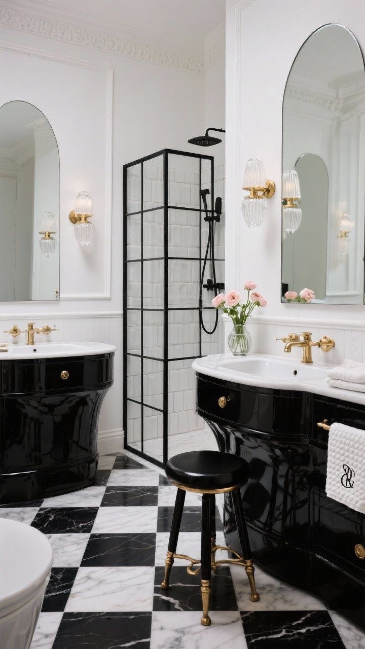 Wide shot, straight-on: A Modern Parisian black-and-white bathroom with glossy black double vanities with curved fronts, crisp white walls with classic wall moldings, and a high-contrast checkerboard marble floor. Tall arched mirrors sit above each sink, flanked by fluted milk-glass sconces in brass. A black metal grid glass shower partition reveals vertically stacked white subway tiles. Finishing touches include a small vase of ranunculus, a black-and-brass stool, and neatly folded monogrammed cotton waffle towels. Cinematic, crisp lighting with soft brass glow, photorealistic.