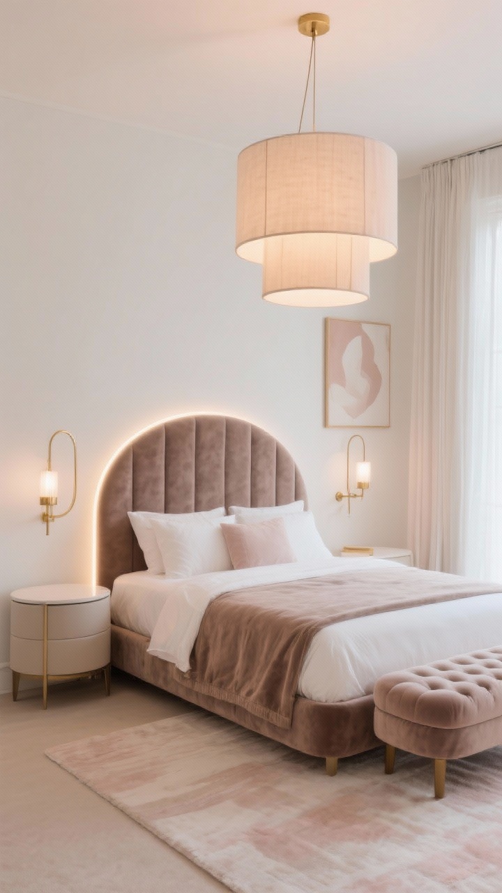 Wide shot, straight-on: A Soft Luxe Sanctuary bedroom with ivory walls, a taupe velvet upholstered bed and rounded-edge nightstands, a large fabric drum pendant with diffuser casting warm 2700K ambient light, slim champagne-brass swing-arm sconces dimmed low on each side of the bed, a hidden LED strip behind the headboard creating a halo glow, a plush tufted bench at the foot, sheer floor-to-ceiling curtains filtering light, a soft rug, and pale abstract art; palette of creamy whites, warm taupes, and blush accents; photorealistic, gently wrapped layered lighting, no people.