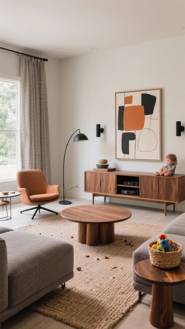 Wide shot, straight-on: A warm modern family living room with a low-profile sectional in performance fabric (warm gray) on a flat-weave rug that hides crumbs, walnut media console and walnut oval coffee table with rounded edges, swivel accent chair, nested side tables, curved floor lamp, matte black sconces, oversized abstract art, linen drapes. Colors: soft grays, walnut, matte black, terracotta accents. Include closed-door cabinet for cords/remotes and a lidded toy basket. Soft natural daylight for a calm, livable vibe.