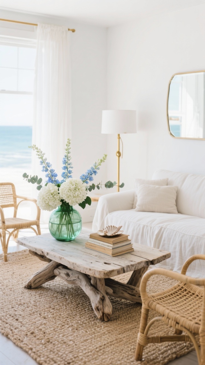 Wide shot, straight-on perspective: A light-drenched coastal living room with soft white walls, a driftwood coffee table centered, and a sea-glass green glass vase filled with white hydrangeas, pale blue delphiniums, and sprigs of eucalyptus. Include a linen slipcovered sofa, a woven jute rug, and two rattan accent chairs. Add brass accents: a thin-framed mirror on the wall and a slim floor lamp. Style the coffee table with a small stack of weathered books and a seashell dish beside the vase. Color palette: white, sand, sea-glass green, soft blue. Materials and textures: linen, rattan, driftwood, glass. Bright, soft natural coastal light, airy mood, photorealistic.