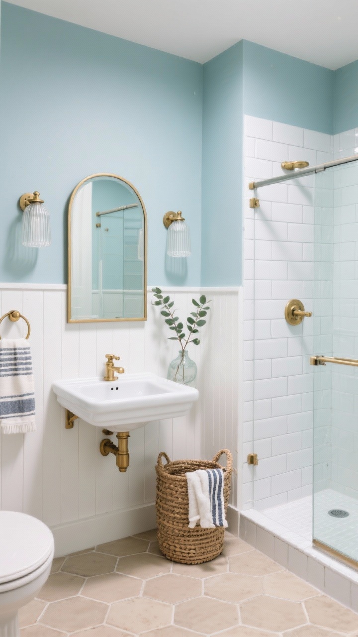 Wide shot, straight-on perspective: A small “Coastal Calm” bathroom with pale dove-blue walls above half-height crisp white beadboard, sand-colored porcelain small hex floor, a compact console sink with open legs, arched brass mirror, and slim ribbed glass sconces casting a soft nautical glow. Frameless sliding shower door reveals glossy white subway tile with pale gray grout. Brushed brass towel ring, tiny boat cleat hooks, woven basket for towels, striped Turkish textiles, and a single eucalyptus stem in a glass bud vase. Photorealistic, airy seaside mood, clean and polished.
