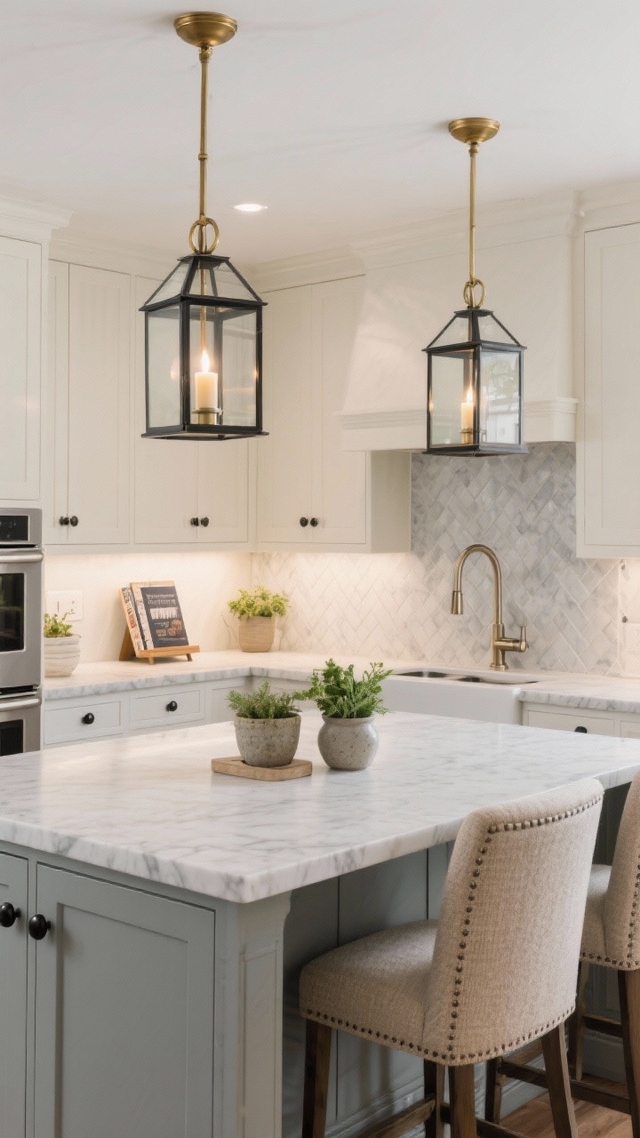 Wide shot, straight-on transitional kitchen in cream and gray: cream shaker cabinets, soft gray quartz counters, subtle herringbone marble backsplash; two open-frame lantern pendants in mixed metals (matte black frames, brushed brass candle stems) over the island with warm 2700K bulbs; upholstered bar stools in textured oatmeal fabric, polished nickel faucet, black cabinet knobs; stoneware herb pots and a cookbook stand styled on the counter; inviting, layered glow, photorealistic.