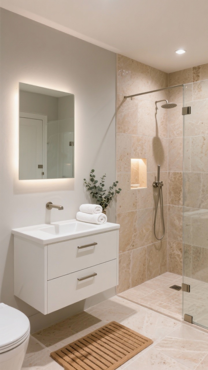 Wide shot, straight-on view: A light-soaked, tiny spa-like bathroom with soft greige walls, large-format warm limestone-look porcelain tiles running seamlessly from the main floor into a curbless shower. A floating white vanity with integrated finger pulls, brushed nickel hardware, and a shallow recessed medicine-cabinet mirror with soft-glow LED lighting. The shower has a frameless glass panel, a recessed niche lined in matching tile lit by a small recessed spotlight. Styling includes a slatted teak bath mat, rolled white towels, and a small eucalyptus bundle; calm, high-end, photorealistic, no people.
