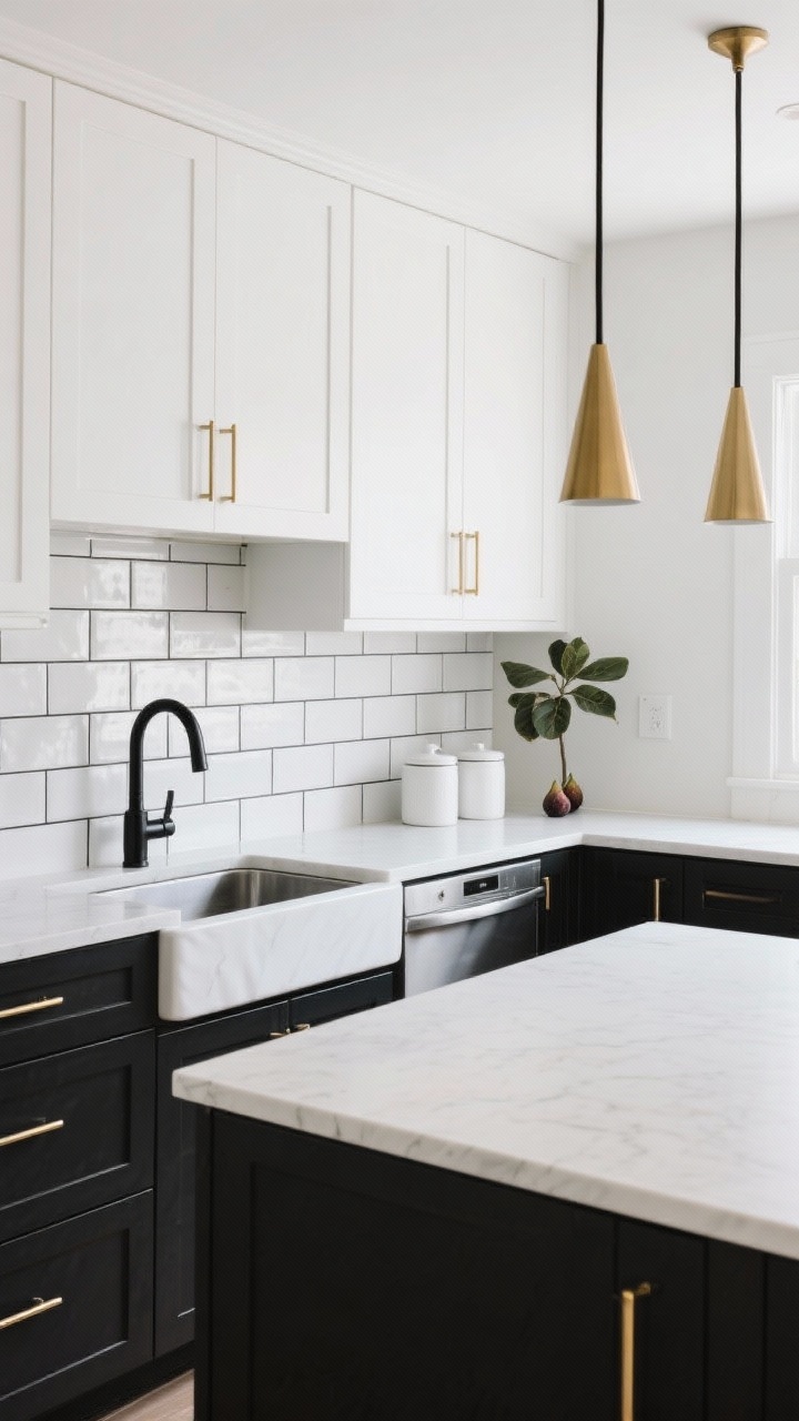 Wide shot, straight-on view: A modern monochrome kitchen with crisp white shaker upper cabinets and matte black lower cabinets, each door fitted with slim brass bar pulls; soft eggshell-white walls and white quartz-look laminate countertops; a black pull-down faucet over a single-bowl stainless steel sink; glossy white subway tile backsplash with tight black grout lines; two slender brass cone pendants over the island; minimal decor featuring a fig tree in the corner and a trio of white canisters on the counter; bright, editorial lighting with gentle shadows, photorealistic.