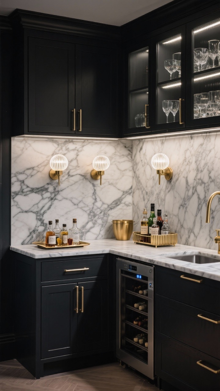 Wide shot, straight-on view: A moody marble cocktail nook with ink-black slim-shaker cabinetry, a dark charcoal marble countertop with bold white veining, and a matching full-height marble slab backsplash. Brushed brass hardware and a slender brass pot filler gleam against the stone. Two ribbed globe sconces are mounted directly on the marble. Upper cabinets have smoked glass fronts with integrated LED strips illuminating crystal barware. Include a petite under-counter wine fridge, a fluted brass tray corralling bitters and decanters, and show storage elements like a pull-out liquor cradle and deep drawers with soft dividers. Low, sultry ambient lighting with accent highlights on brass.