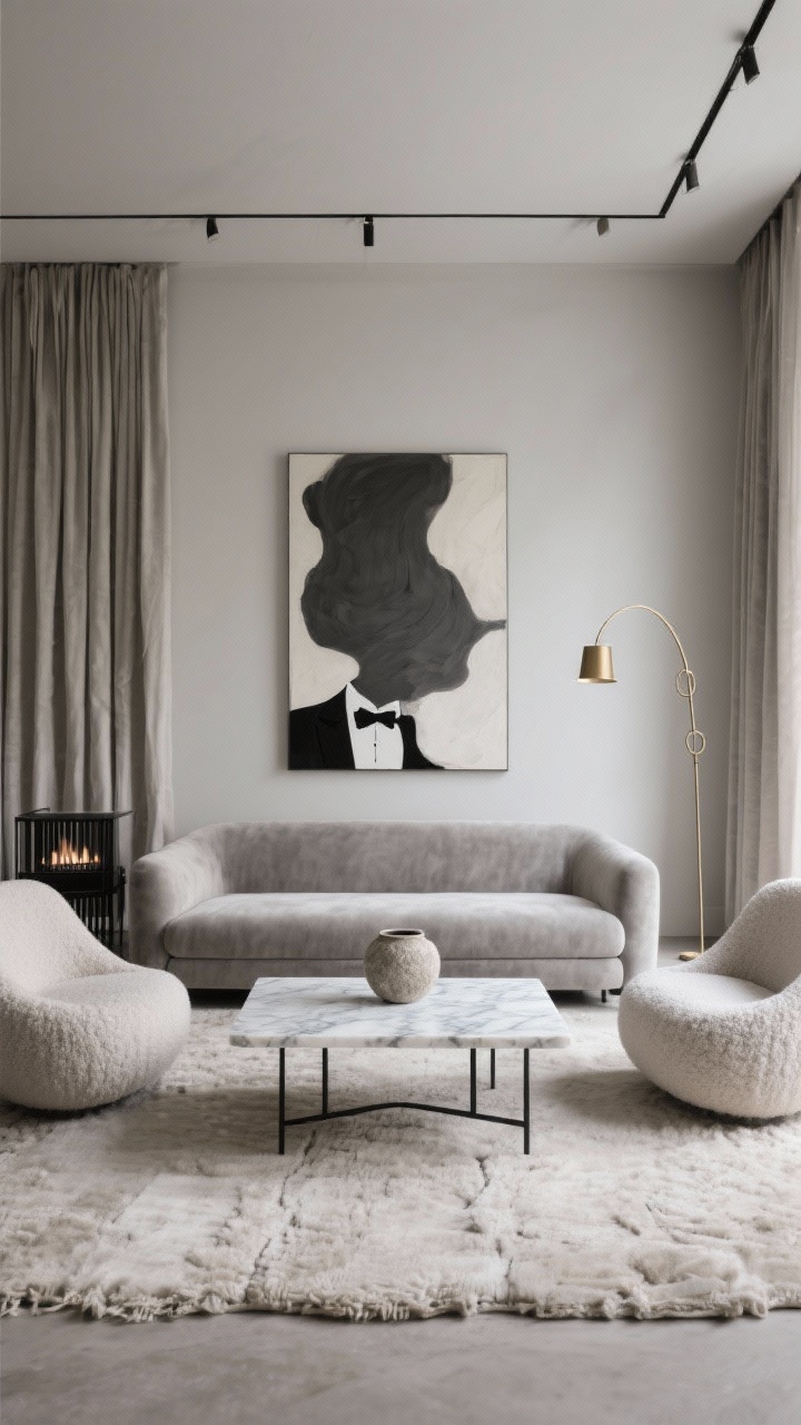 Wide shot, straight-on view: A serene monochrome living room in a warm gray palette with limewashed, velvety cloudlike walls; a low-profile tuxedo sofa in brushed mohair faces a single-slab Calacatta marble coffee table; two curved bouclé lounge chairs flank the table; a thin-profile brass floor lamp arcs overhead like jewelry; anchors include a hand-knotted pale stone wool rug and a minimalist black steel fire screen; one large-scale abstract art in charcoal and ivory hangs alone; heavy linen pinch-pleat drapes and concealed track lighting create a hushed, sculptural, museum-like but cushy atmosphere; a single textured vessel rests on the marble table; soft, diffused daylight.