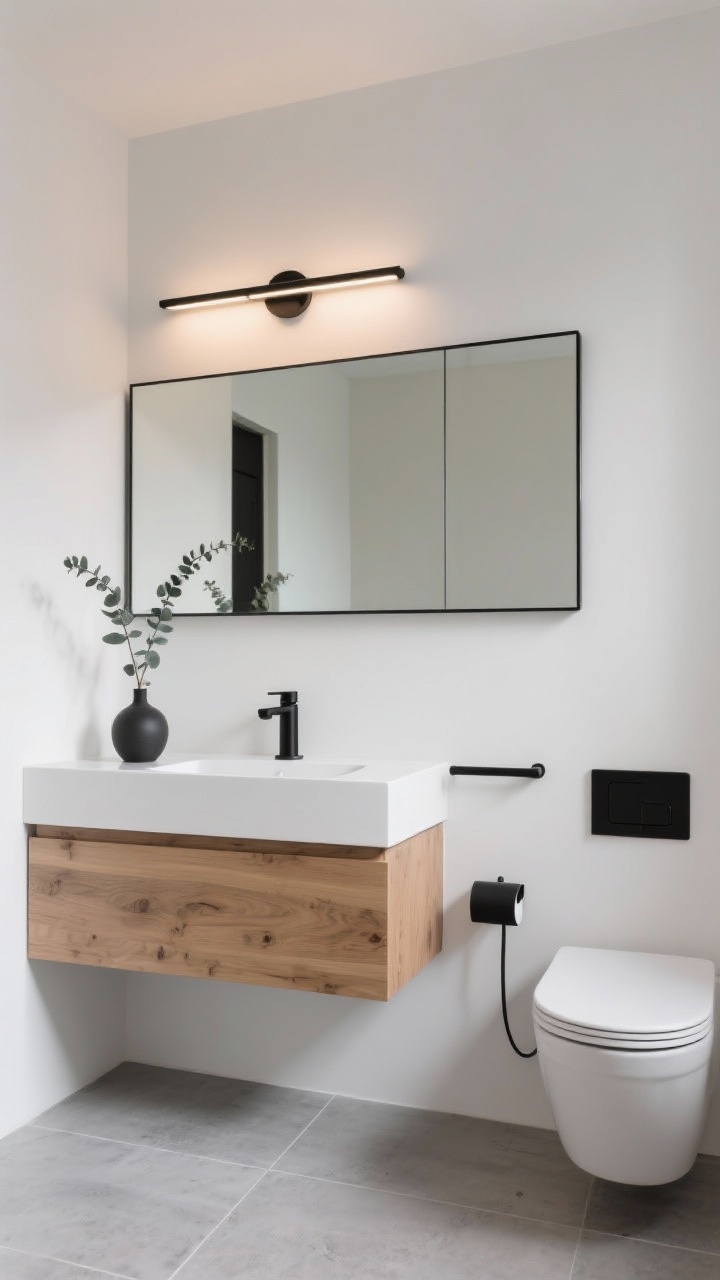 Wide shot, straight-on view: A sleek modern bathroom featuring a rectangular, thin black metal-framed mirror spanning the width of a floating white oak vanity. Matte black faucet, black towel bar, and black toilet paper holder coordinate. Concrete-look porcelain tile flooring in a soft gray. Palette of soft whites, warm oak, and black accents. A slim black linear sconce above the mirror at 3000K warm-neutral light casts an even glow. Finishing touch: a single eucalyptus stem in a matte ceramic bud vase on the vanity. Photorealistic, calm minimalist mood.