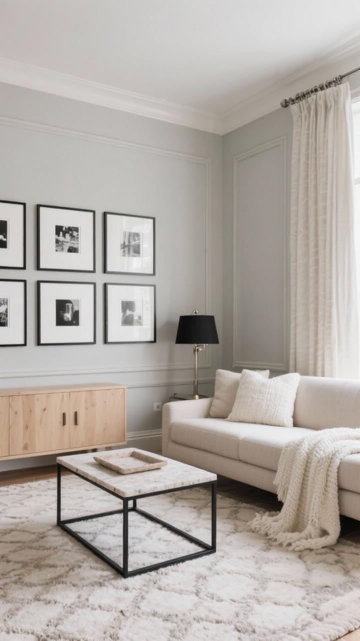 Wide shot, straight-on view of a living room in soft greige walls with matching greige trim, showcasing a low-profile oatmeal sofa, slim black-metal coffee table with a travertine tray, and a pale oak sideboard. A curated gallery wall of large black-and-white frames hangs above, with a black reading lamp beside the sofa. Neutral wool rug with a subtle tone-on-tone pattern underfoot, cream bouclé throw draped casually. Brushed nickel hardware and curtain rods visible. Soft, diffuse daylight for a crisp, quietly luxurious mood, photorealistic.