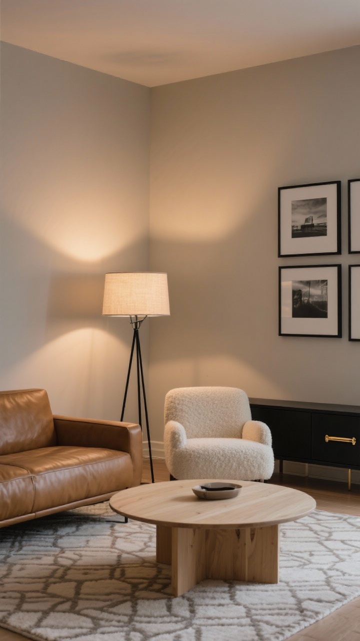 Wide shot, straight-on view of a living room with soft greige walls under warm 2700K evening lamplight; a low-profile camel leather sofa and a creamy bouclé accent chair flank a pale oak, rounded-corner coffee table on a wool rug with subtle tone-on-tone geometric pattern; black metal floor lamp with a linen drum shade glows; a slim black picture ledge displays grayscale photography in matte black frames; brushed brass pulls on a console add warmth; overall calm, refined, gently glowy mood; photorealistic, no people.