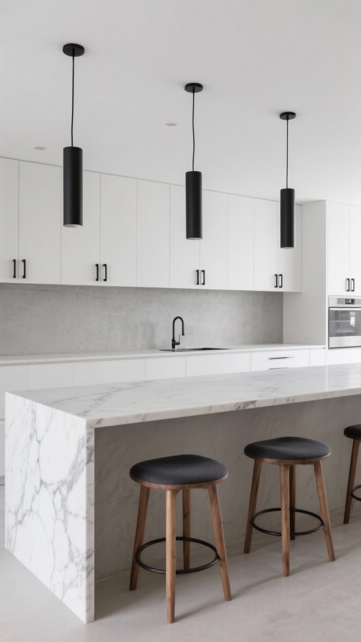Wide shot, straight-on view of a minimalist kitchen with a long Calacatta quartz waterfall island (faint gray veining) under three slim matte-black cylinder pendants in a perfect row; flat-panel white cabinetry with discreet black powder-coated pulls; warm oak stools with charcoal cushions; soft gray microcement backsplash; clean lines, gallery-serene mood; soft even lighting emphasizing the matte finishes and subtle textures, no people, photorealistic.