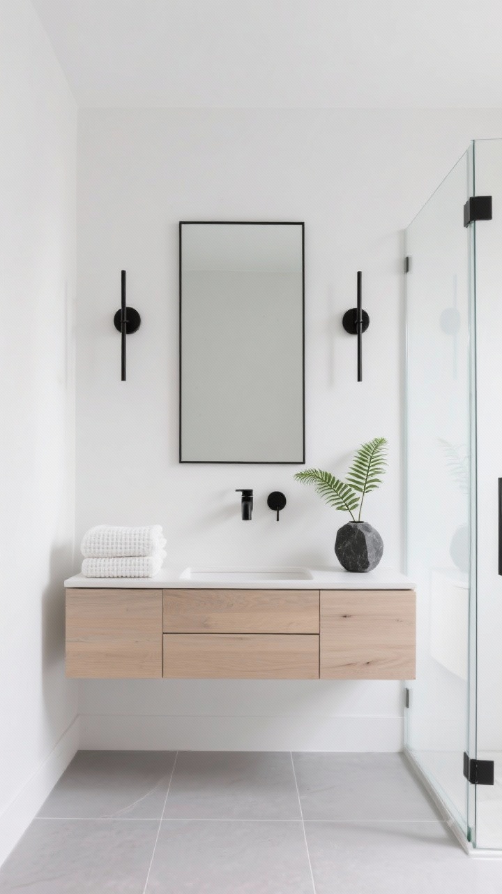 Wide shot, straight-on view of a minimalist monochrome bathroom: matte-white walls, a floating pale oak vanity with a slim black-framed rectangular mirror above, matte black wall-mounted faucet, linear wall sconces flanking the mirror, light gray large-format porcelain floor tiles, a rimless glass shower screen, a stack of white waffle towels on the vanity, and a single green fern in a black stone vase; crisp, bright daylight for a clean, airy mood.