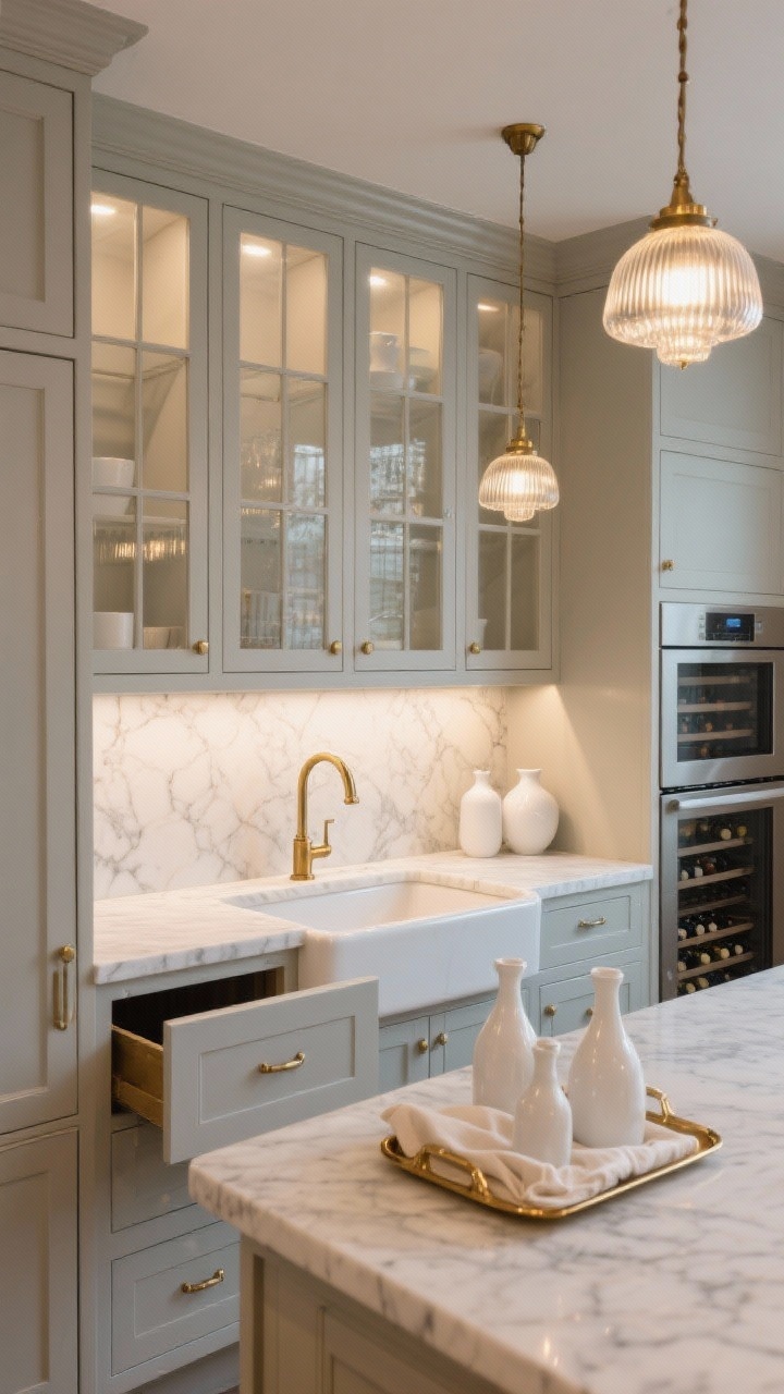 Wide shot, straight-on view of a modern classic butler’s pantry: tall shaker cabinets in soft greige with crown molding and framed glass doors, creamy Calacatta-look marble countertop and low-profile matching backsplash, small under-mount sink with petite brass bridge faucet, slim brushed brass pulls, ribbed glass pendant lights glowing warmly, built-in wine fridge, closed appliance garage; styling includes white ceramics, neat decanters on a brass tray, linen-lined drawers slightly ajar; palette greige, warm white, brushed brass; photorealistic, evening ambient lighting with pendants as primary light.