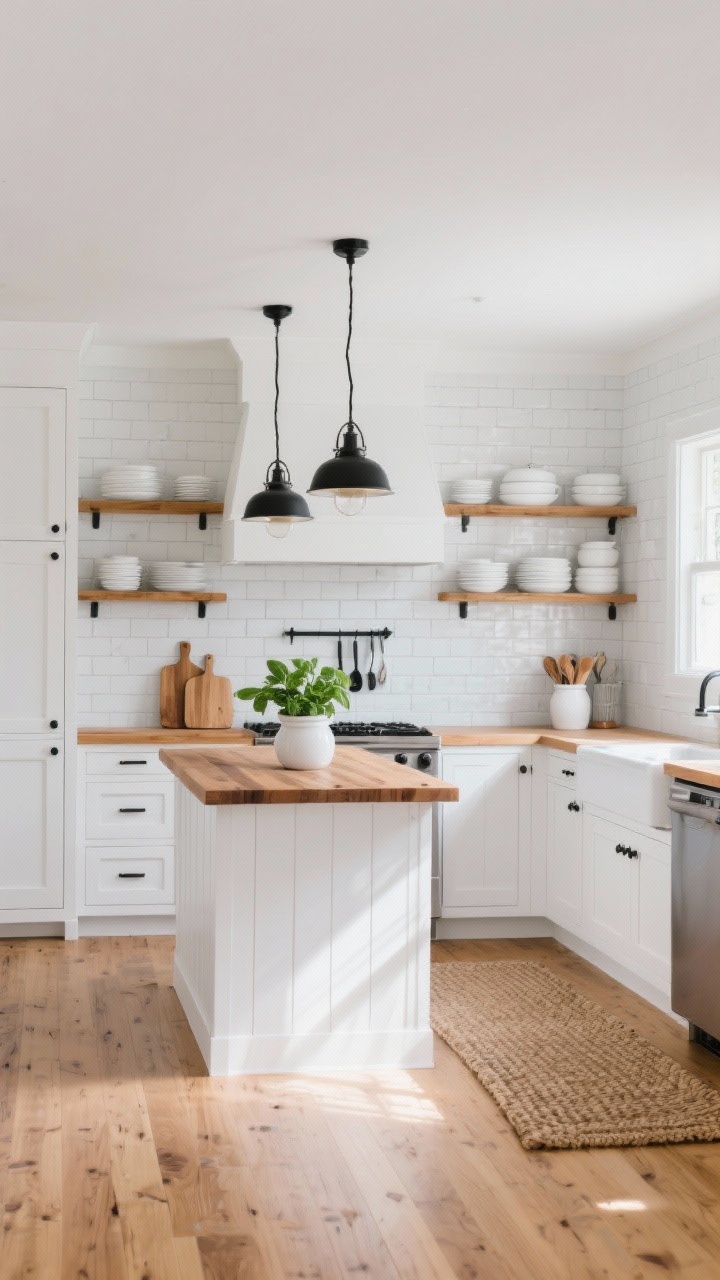 Wide shot, straight-on view of a modern farmhouse kitchen: matte white shaker cabinets, warm honey oak butcher block countertops, white subway tile backsplash with light gray grout, black metal bar handles, two schoolhouse pendants over a small island, a woven runner on light wood floors, open shelves with stacked white dishes, styled with wood cutting boards, a white ceramic utensil crock, and a potted basil plant; color palette white, honey oak, matte black, soft gray; bright natural daylight for a light, airy, inviting mood; photorealistic.
