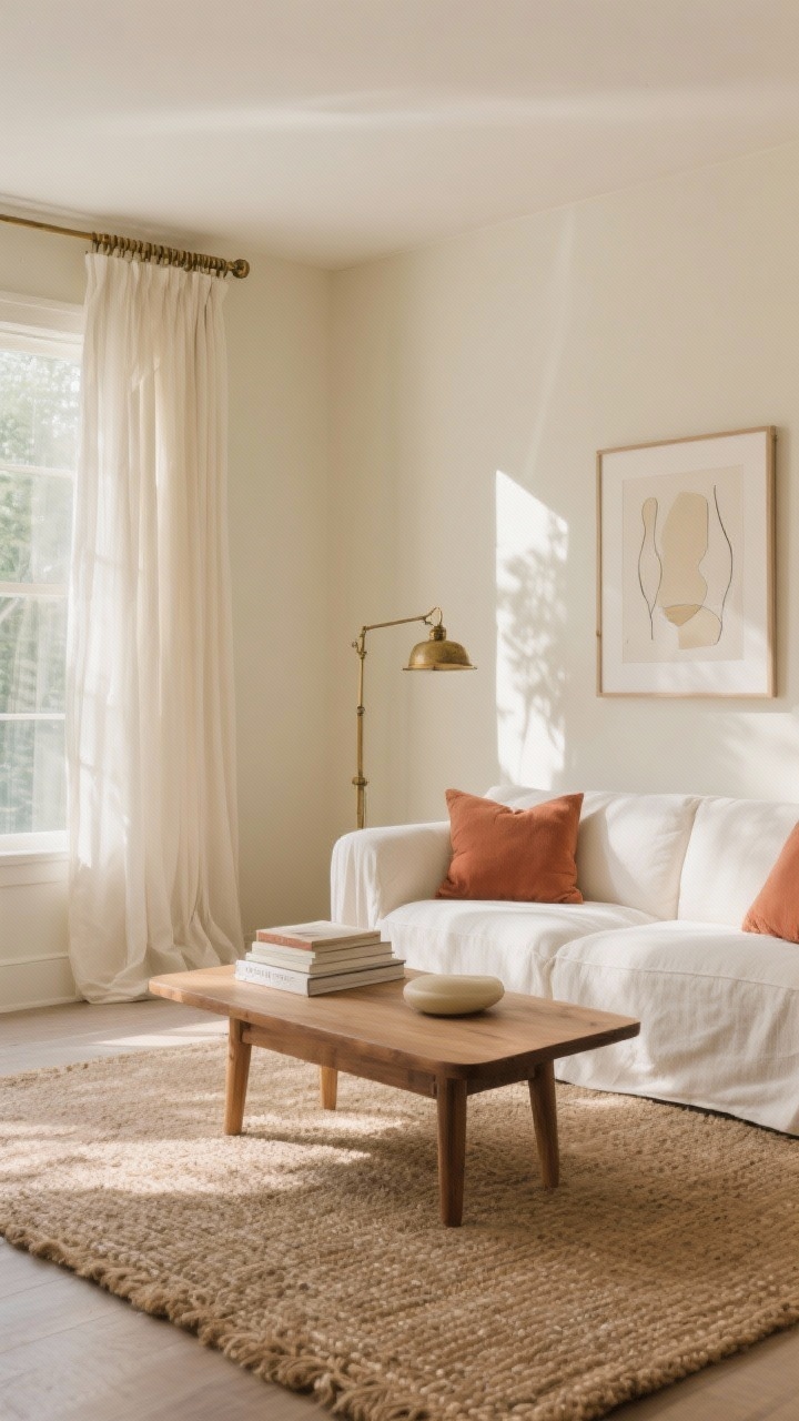 Wide shot, straight-on view of a north-facing living room drenched in soft natural daylight: walls painted soft buttercream with a gentle warm glow; a linen slipcovered sofa in warm white with dusty terracotta throw pillows; solid oak coffee table styled with creamy abstract art books and off-white framed artwork on the wall; jute rug underfoot; aged brass floor lamp and matching brass curtain rod; floor-length ivory drapes pooling slightly; a few smoky shadows to emphasize the cozy warmth, photorealistic.
