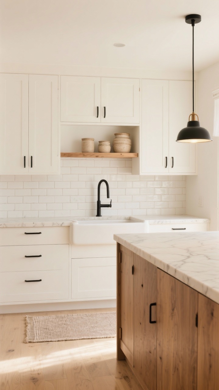 Wide shot, straight-on view of a warm minimalist Scandinavian kitchen refresh: existing cabinets painted warm white with long matte black bar pulls, buttery light quartz countertops with subtle veining, handmade-look white subway tile stacked vertically, a single white oak open shelf over the sink with stoneware canisters, slim black linear pendant over the island (dimmable glow), linen-look runner on light floor; palette of warm white, soft oak, matte black; bright, serene atmosphere with soft natural daylight, photorealistic.