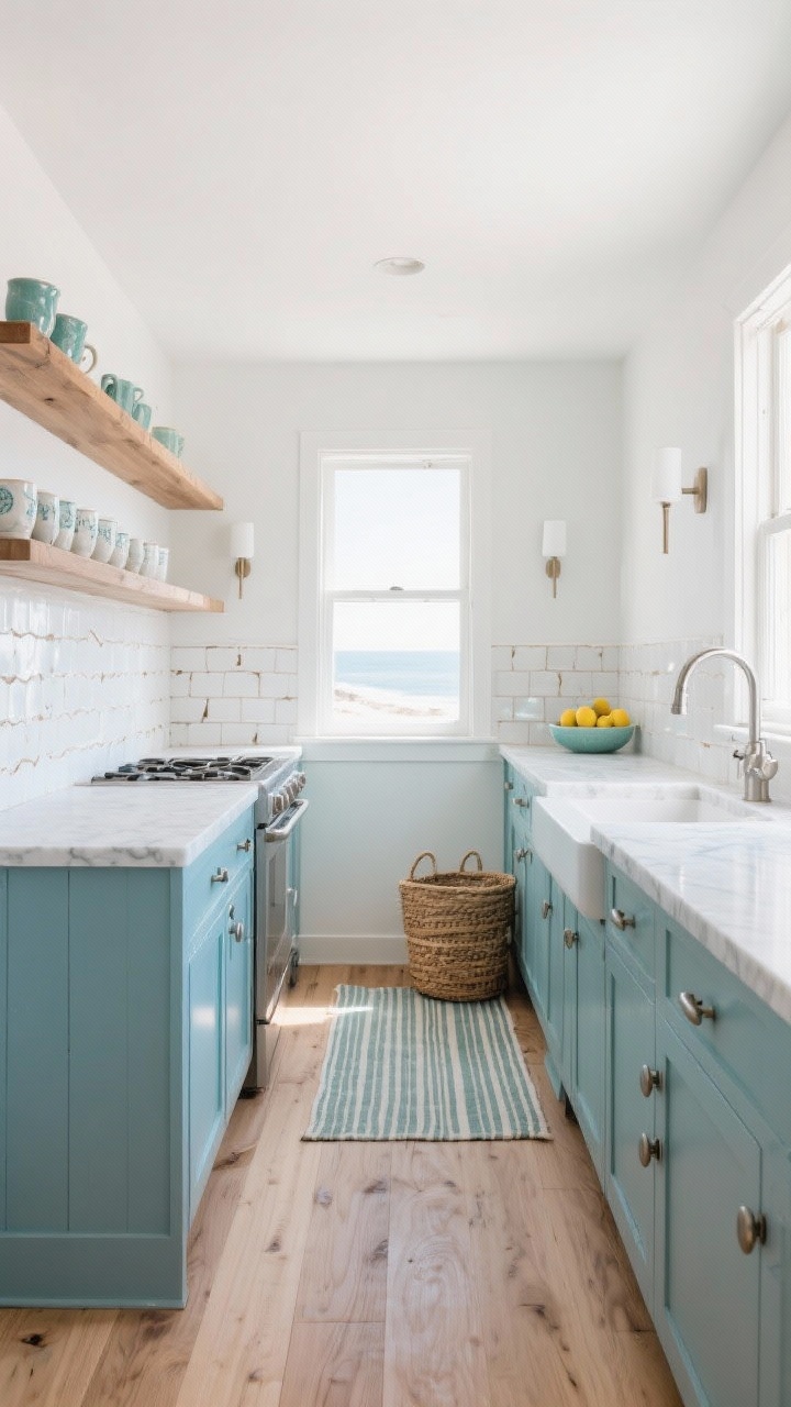Wide shot, Sun-Washed Coastal Galley: a narrow galley kitchen transformed with cloud-white matte walls and sea-glass blue shaker lower cabinets; open white oak shelves replace uppers with a slim rail holding mugs; handmade milky-white zellige tile backsplash with imperfect edges that glimmer; light matte quartz counters with faint veining; brushed nickel cup pulls and matching bridge faucet; lightly wire-brushed white oak plank flooring; two slim matte-white sconces flank a window; styled with bowls of lemons, a striped runner, and woven baskets; bright natural morning light, beachy without clichés, straight-on angle.