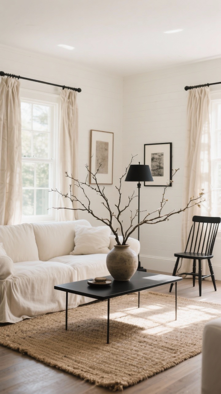 Wide shot, sunlit living room in a modern cottage style: warm white creamy walls, natural jute rug, cloudy slipcovered sofa in soft cream, black iron accents including a slim black coffee table, a black spindle chair, black-framed art, and a matte black floor lamp. Linen curtains in oatmeal filter soft daylight. Oversized branches arranged in a stoneware vase on the coffee table add sculptural height. Palette: cream, oatmeal, soft taupe, matte black. Breezy, editorial polish; no people; photorealistic.