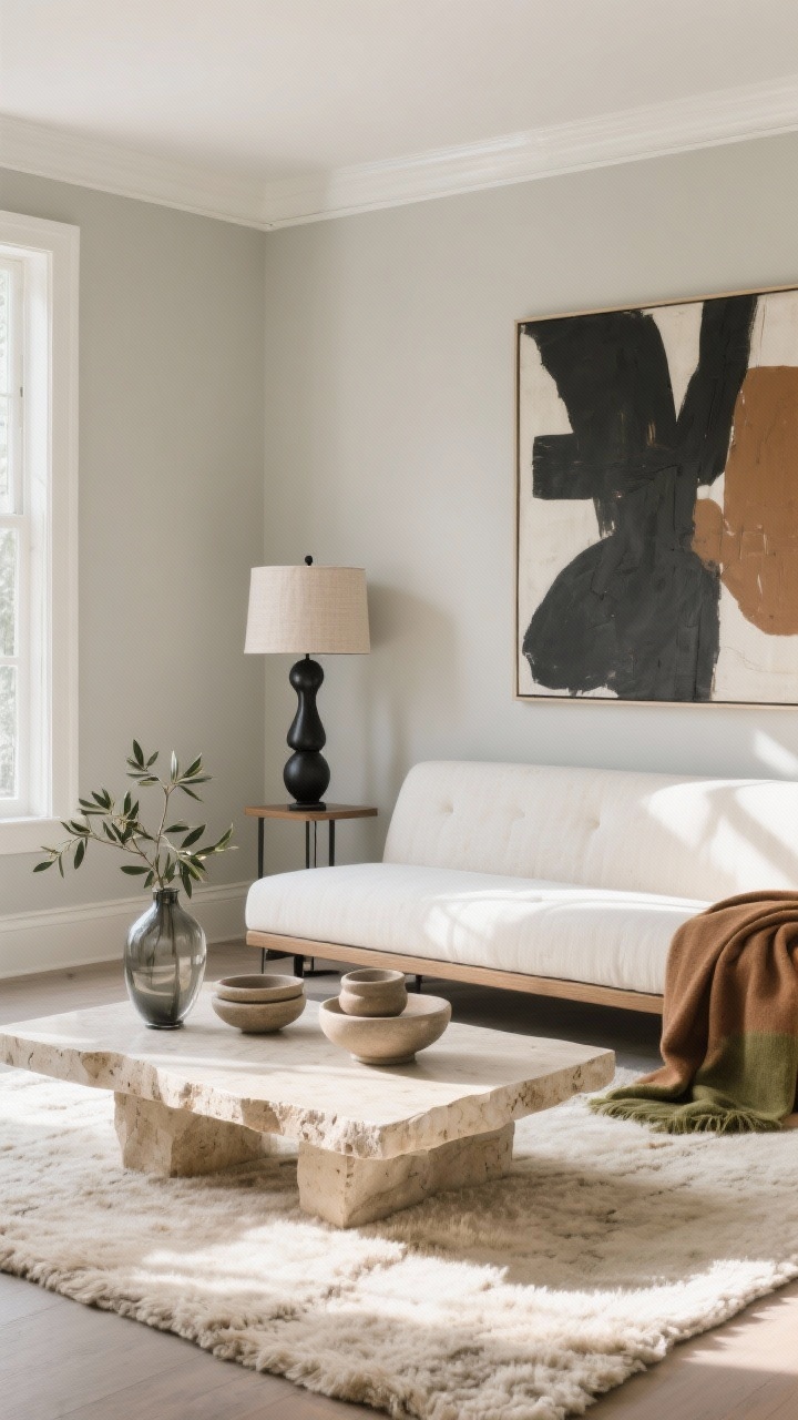 Wide shot, sunlit living room in soft greige walls with crisp white trim and ceiling, minimal luxe style. Low-profile bench-seat sofa in ivory linen, nubby wool rug in a bone/putty blend, oversized travertine slab coffee table, sculptural black metal floor lamp plus a table lamp with a linen drum shade. Large-scale abstract art in charcoal and tan, accents of stacked stoneware bowls, a smoked glass vase with olive branches. Add a folded throw in cinnamon or moss on the sofa. Natural daylight glowing on greige walls; photorealistic, calm and warm, straight-on perspective.
